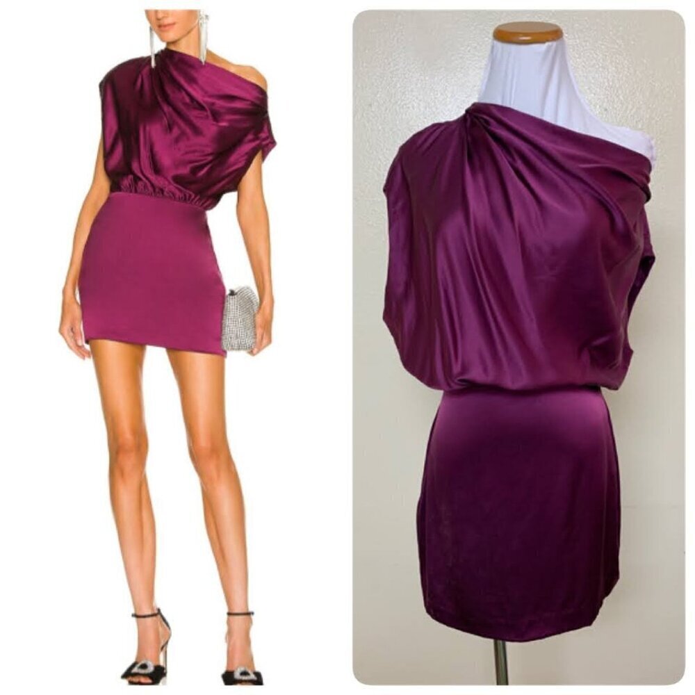 The Sei X REVOLVE Asymmetrical Draped Mini Silk Charmeuse Dress Sz 0 in Plum